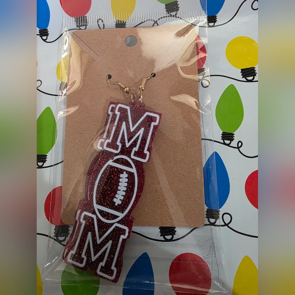 Red Glitter 'MOM' Football Earrings